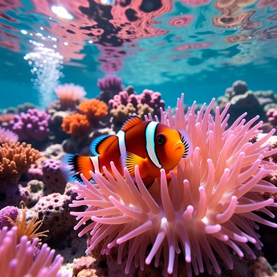 Clownfish Hiding in Pink Anemone