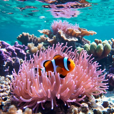 Clownfish in Pink Anemone Underwater