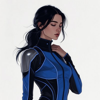 Asian woman in blue futuristic suit