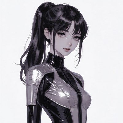Anime girl in shiny black bodysuit