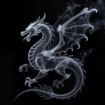 White Ghostly Dragon on Black Background