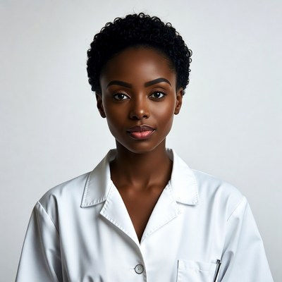 African-American woman in white lab coat