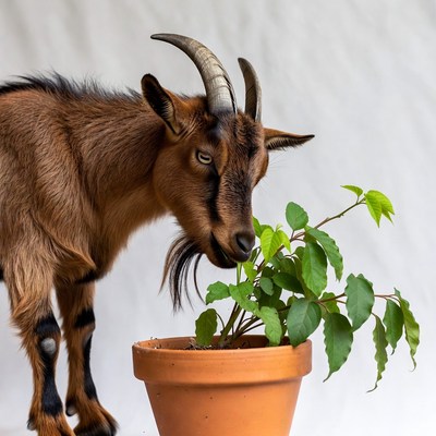 Goat eating plant from terracotta pot