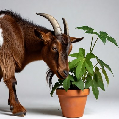 Goat sniffing potted plant