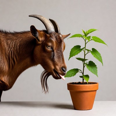 Goat licking potted plant