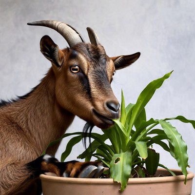 Goat eating plant in pot