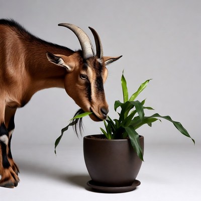 Goat eating houseplant