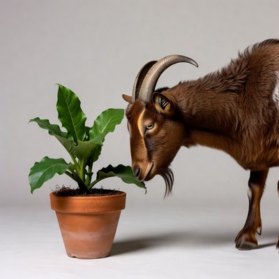 Goat sniffing potted plant