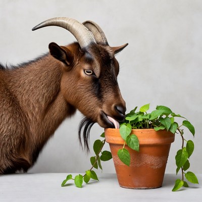 Goat eating plant from terracotta pot