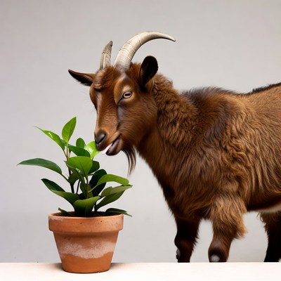 Brown goat eating plant