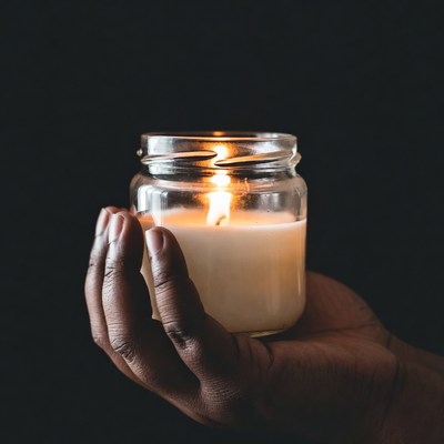 Hand holding lit candle