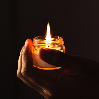 Hand holding lit jar candle