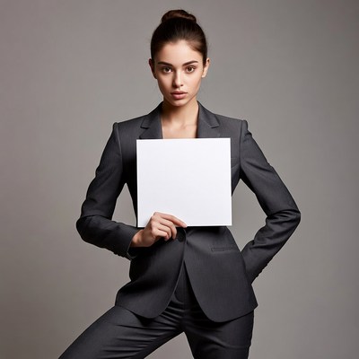 Woman holding blank sign in suit