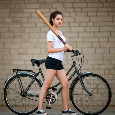 Girl with bat standing by bicycle