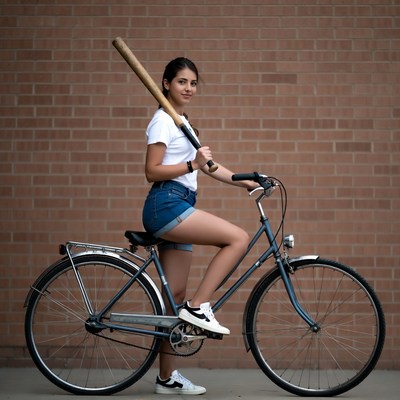 Girl with baseball bat on bicycle