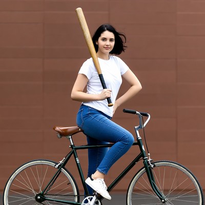 Woman posing with baseball bat on bicycle
