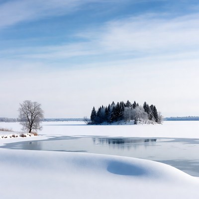 Snowy Island with Trees on Frozen Lake