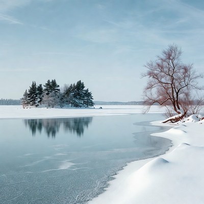 Snowy Island in Frozen Lake