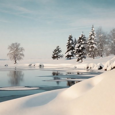 Snowy Landscape with Trees and Frozen Lake