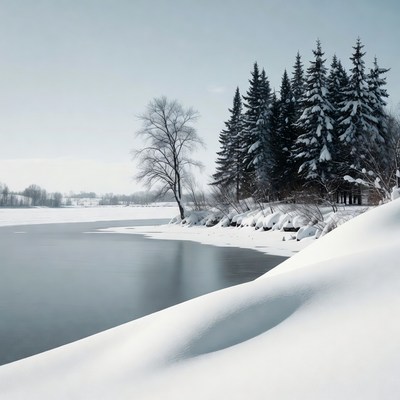 Frozen lake with snowy trees