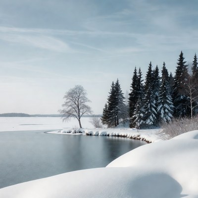 Snowy Lake with Pine Trees