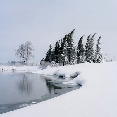 Snowy Pine Trees by Frozen Lake