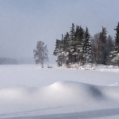 Snowy Pine Trees on Frozen Lake