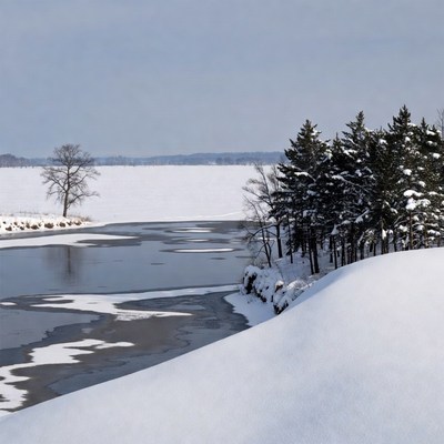 Frozen lake with snowy pine trees