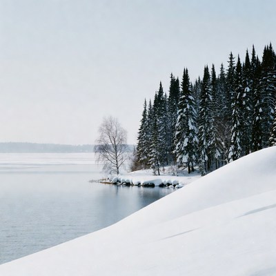 Snowy Pine Trees by Frozen Lake