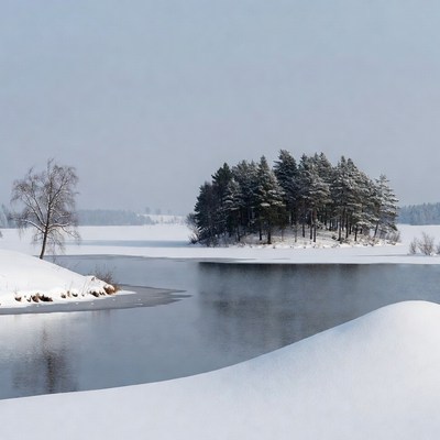 Snowy Island with Pine Trees