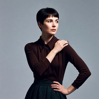 Woman with short hair hand on shoulder