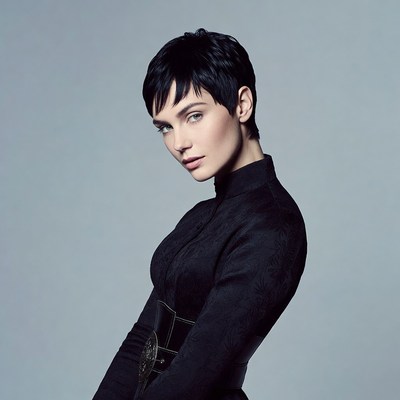 Woman with short black pixie haircut