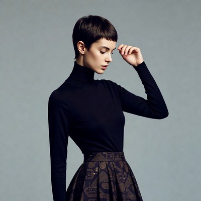 Woman with pixie haircut in black turtleneck