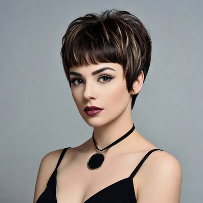Woman with short black blonde bob haircut