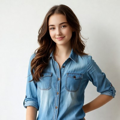 Young woman in denim shirt smiling
