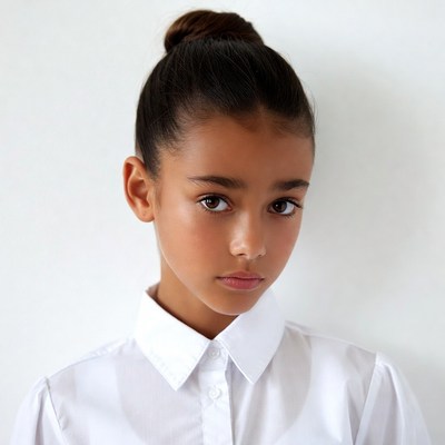 Girl with bun hairstyle in white shirt