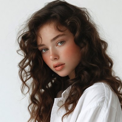 Young woman with curly brown hair