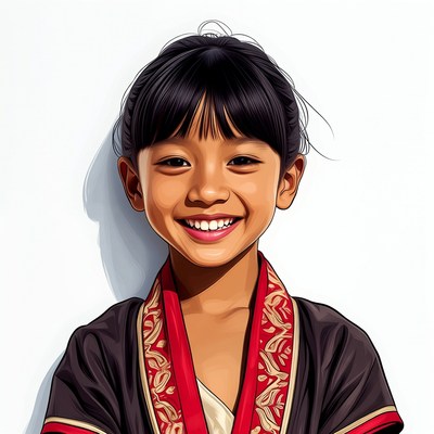 Asian girl smiling in red-trimmed kimono