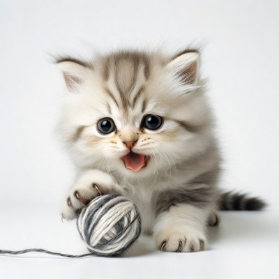 Kitten playing with yarn ball