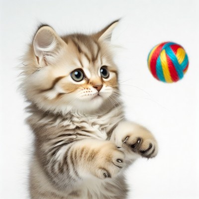 Kitten playing with colorful yarn ball