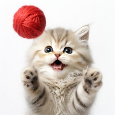Kitten playing with red yarn ball