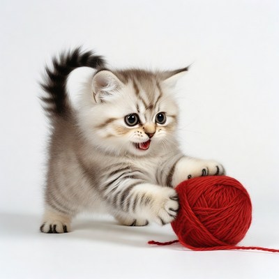British Shorthair kitten playing with yarn