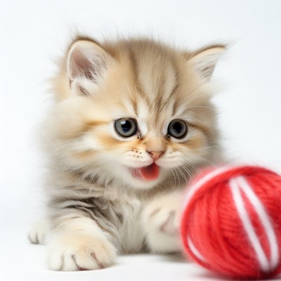 Kitten playing with yarn ball