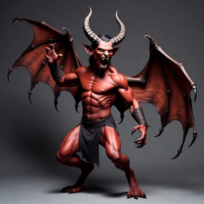 Muscular red demon roaring with wings
