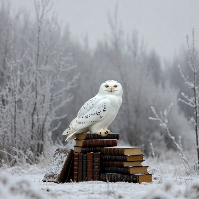 Snowy Owl Perched on Books