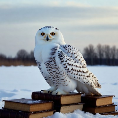 Snowy Owl Perched on Books