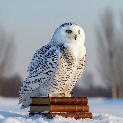 Snowy Owl Perched on Books in Snow
