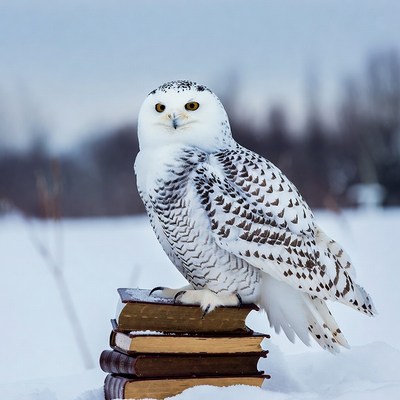 Snowy Owl Perched on Books in Snow