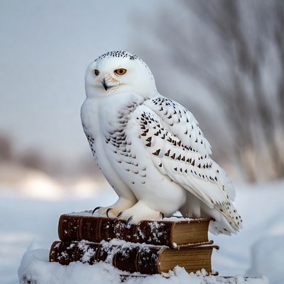 Snowy Owl Perched on Books