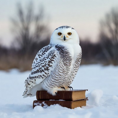 Snowy Owl Perched on Books in Snow